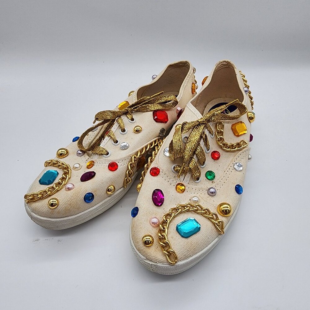 Glitz Canvas Sneakers with Gold Chains & Colorful Gem Embellishments Size 7 USA